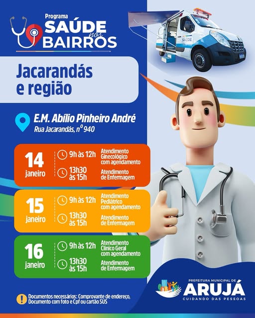 UNIDADE MÓVEL DE SAÚDE ATENDERÁ NO BAIRRO JACARANDÁS, EM ARUJÁ