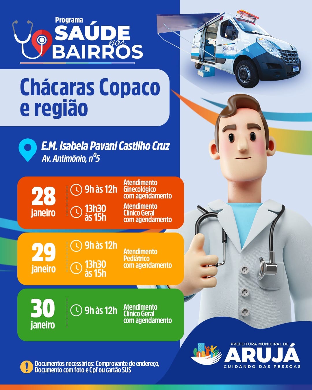 PROGRAMA ‘SAÚDE NOS BAIRROS’ LEVA ATENDIMENTOS GRATUITOS ÀS CHÁCARAS COPACO EM ARUJÁ