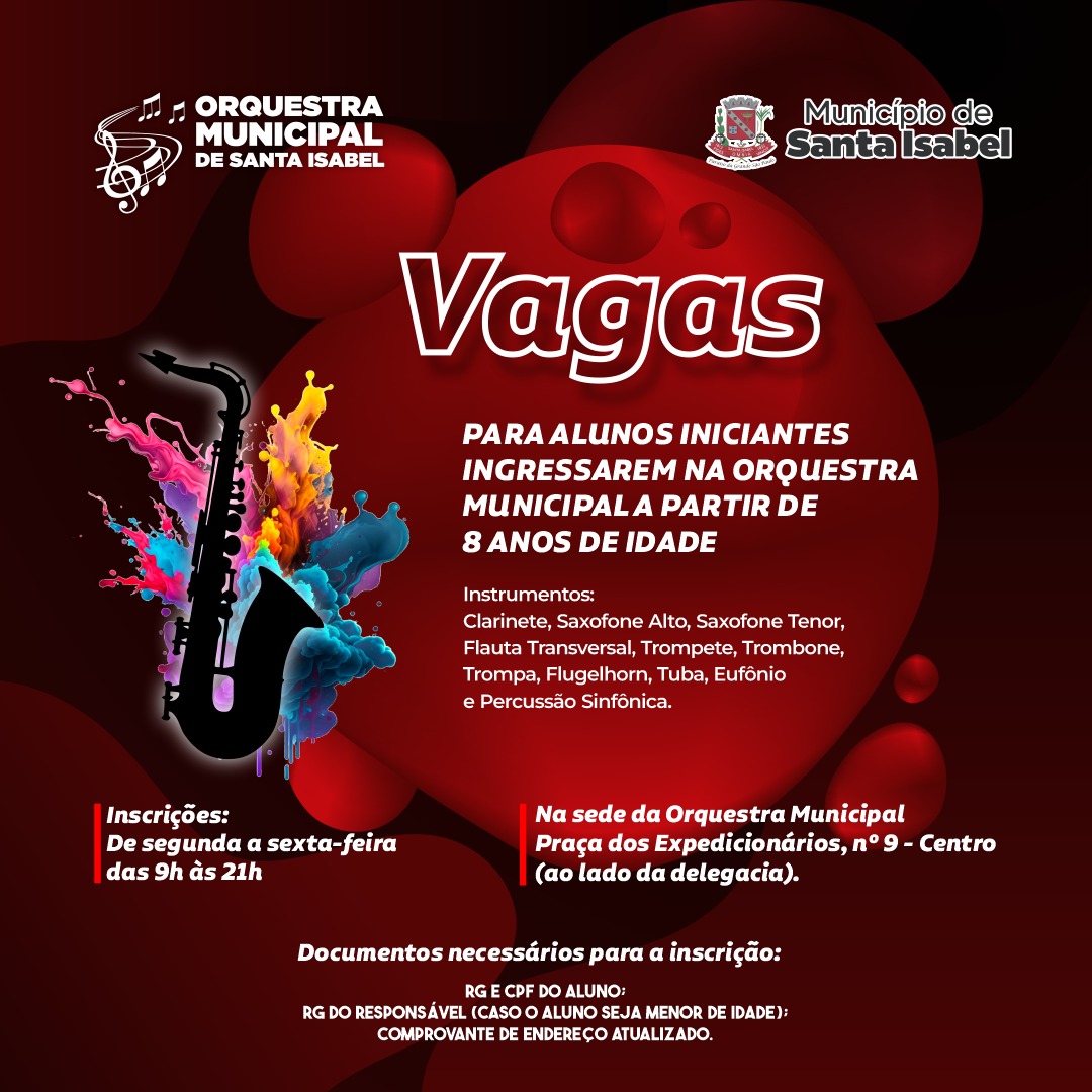 ORQUESTRA MUNICIPAL DE SANTA ISABEL ABRE INSCRIÇÕES PARA NOVOS INTEGRANTES