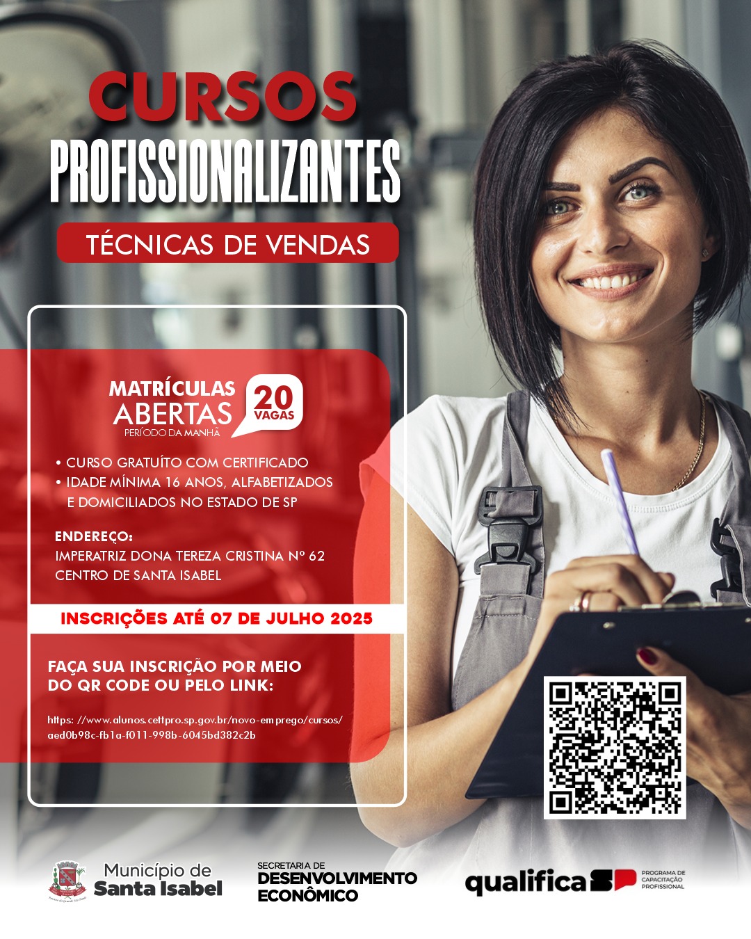 SANTA ISABEL ABRE INSCRIÇÕES PARA CURSO GRATUITO DE TÉCNICAS DE VENDAS