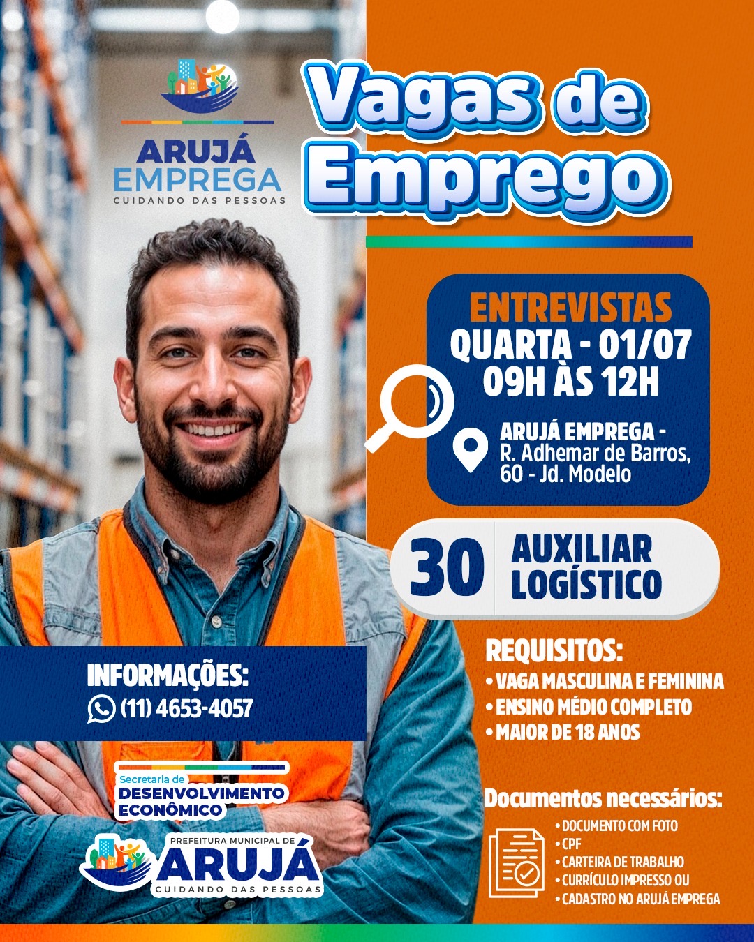 ARUJÁ EMPREGA REALIZA SELEÇÃO PARA 30 VAGAS DE AUXILIAR LOGÍSTICO